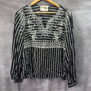 Savannah Jane Black White Stripe Floral Embroidered Blouse Size Small Boho